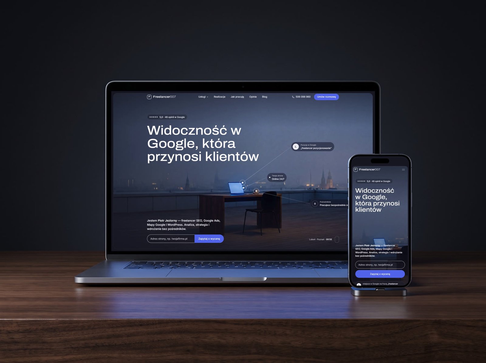 Laptop i telefon z nową stroną Freelancer007